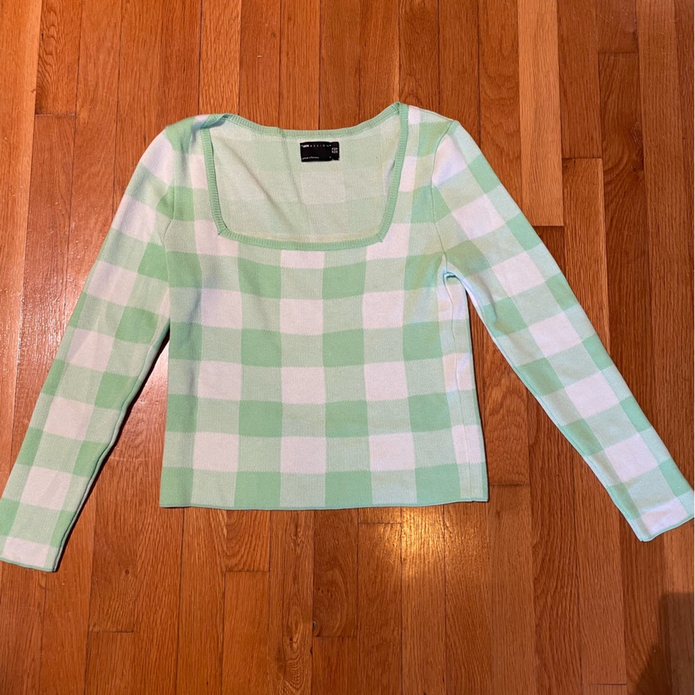Green plaid square neck sweater top